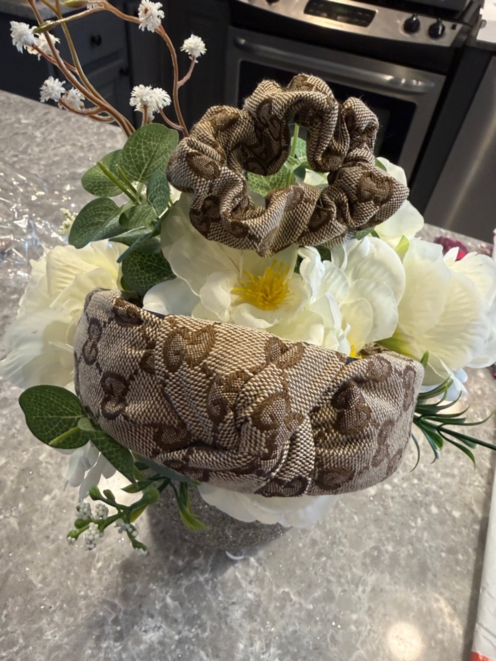 Neutral Beige Logo-Pattern Headband and Scrunchie Set